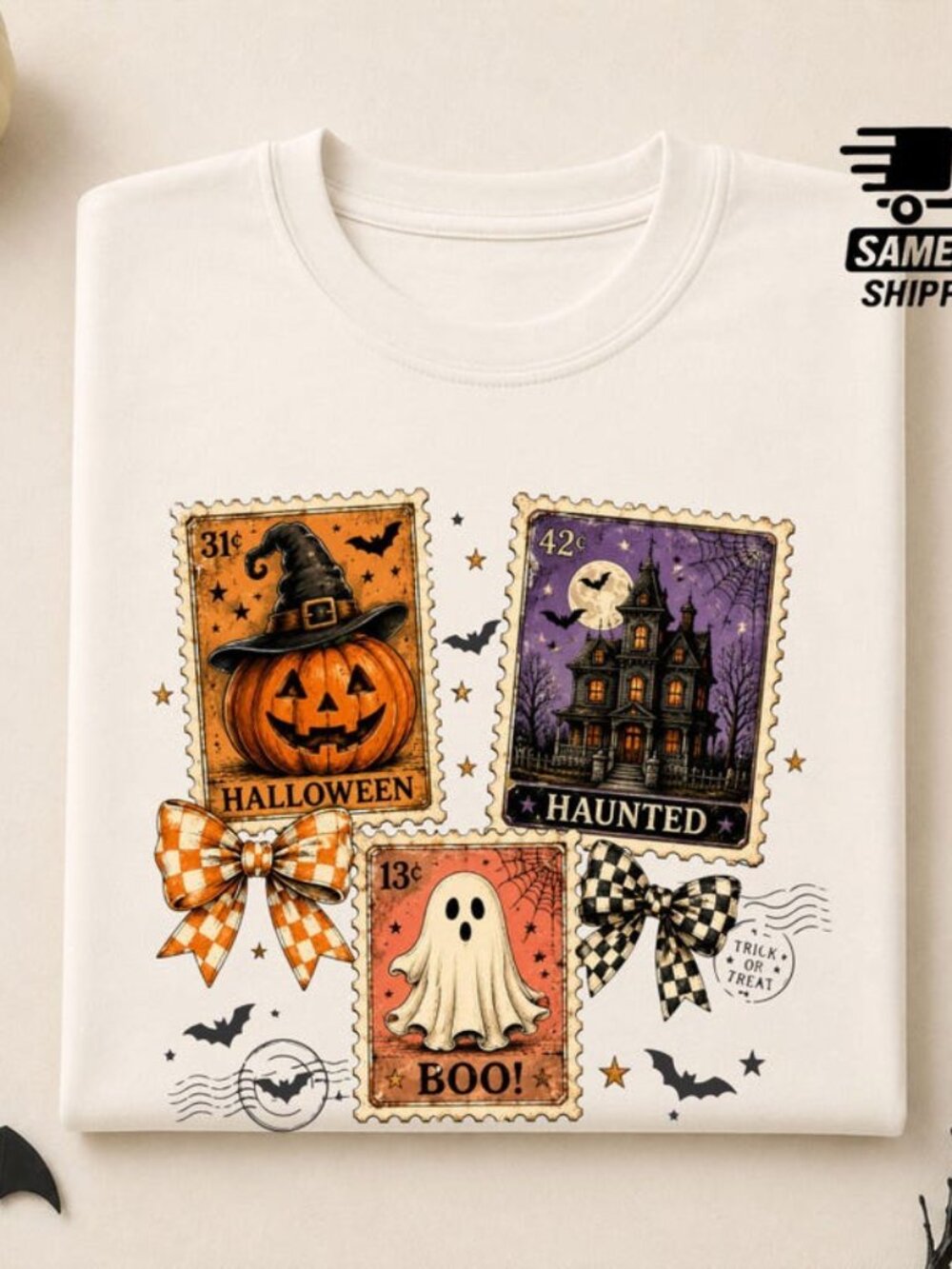 Halloween Stamp T Shirt, Postage Stamp Crewneck Tee
